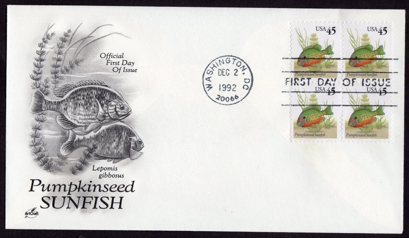 Scott #2481 Pumpkinseed Sunfish 12/02/1992 Block of 4 FDC Washington DC Artcraft