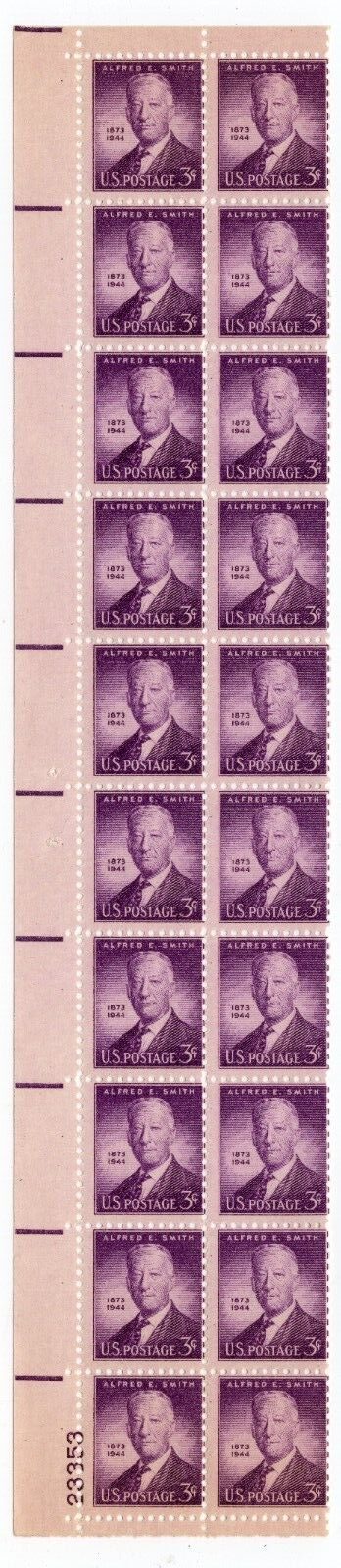 Scott #937 Alfred E. Smith NY Governor Plate Block of 20 Stamps MNH P#23353 PC#6