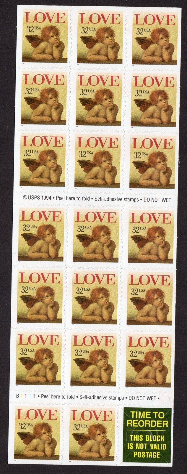 Scott #3030a Love Cherub Booklet of 20 Stamps - MNH P#B1111-1