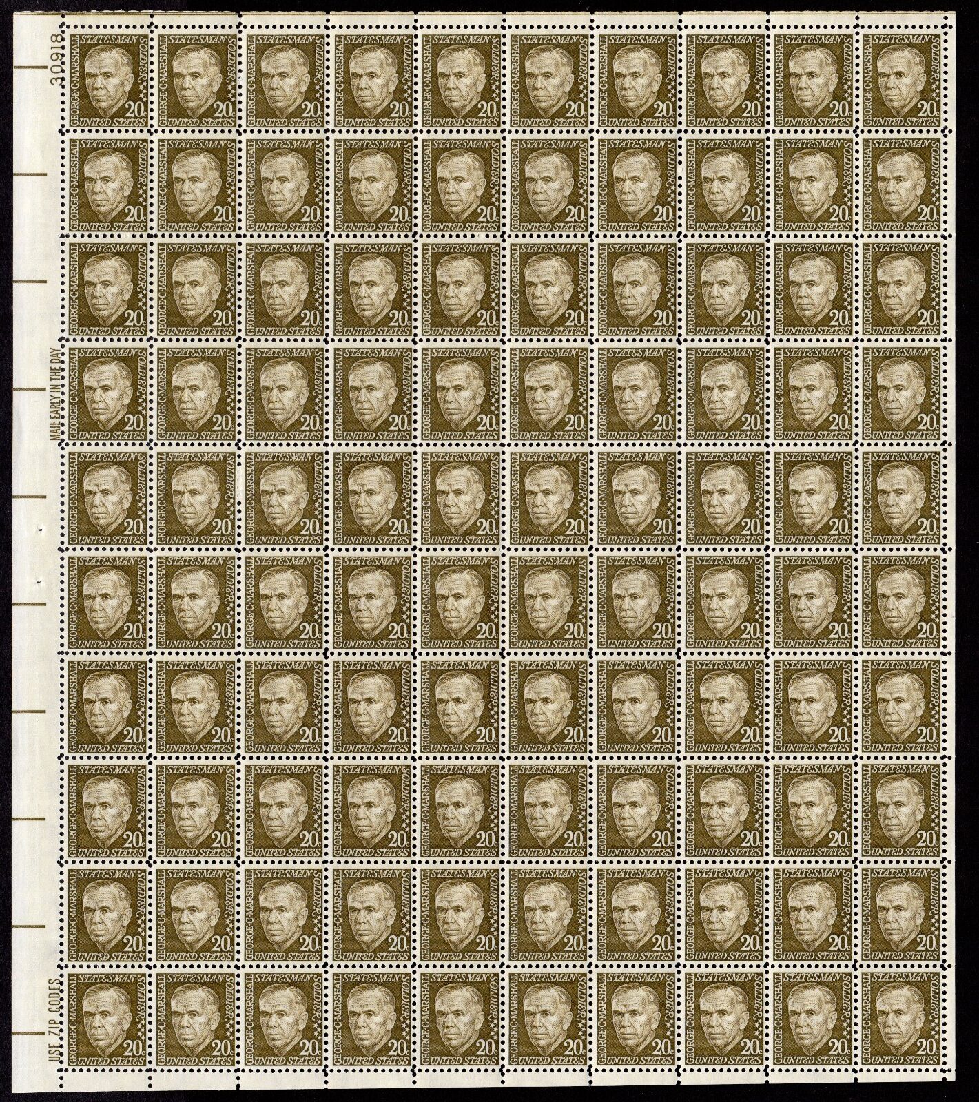 Scott #1289a George Marshall Sheet of 100 Stamps - MNH P#30918 UL SG