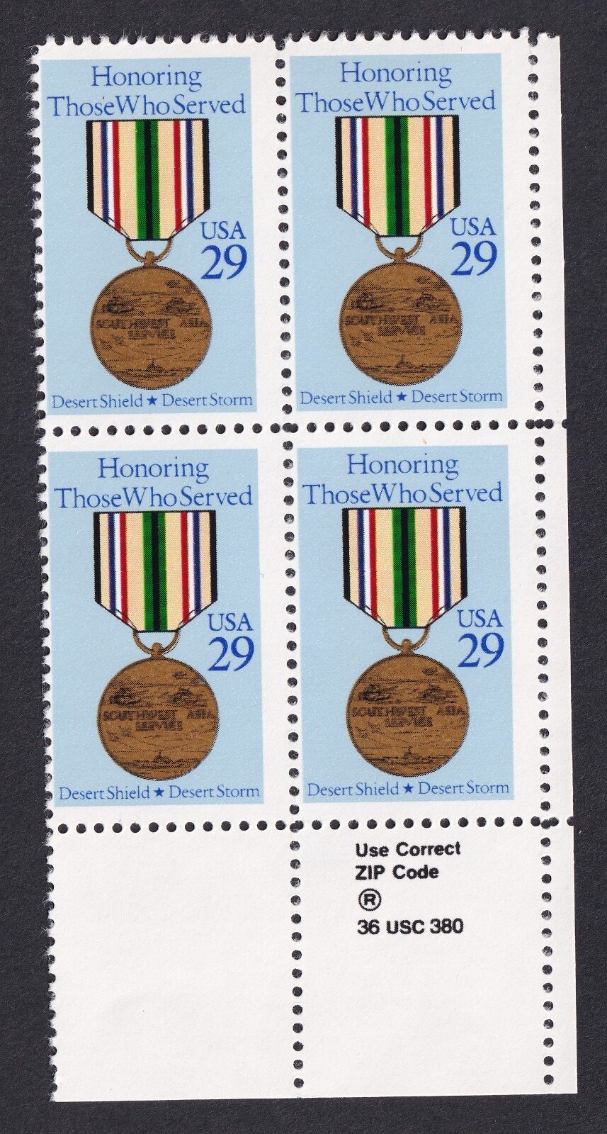 Scott #2551 Medal of Honoring Those Who Served Zip Block of 4 Stamps - MNH