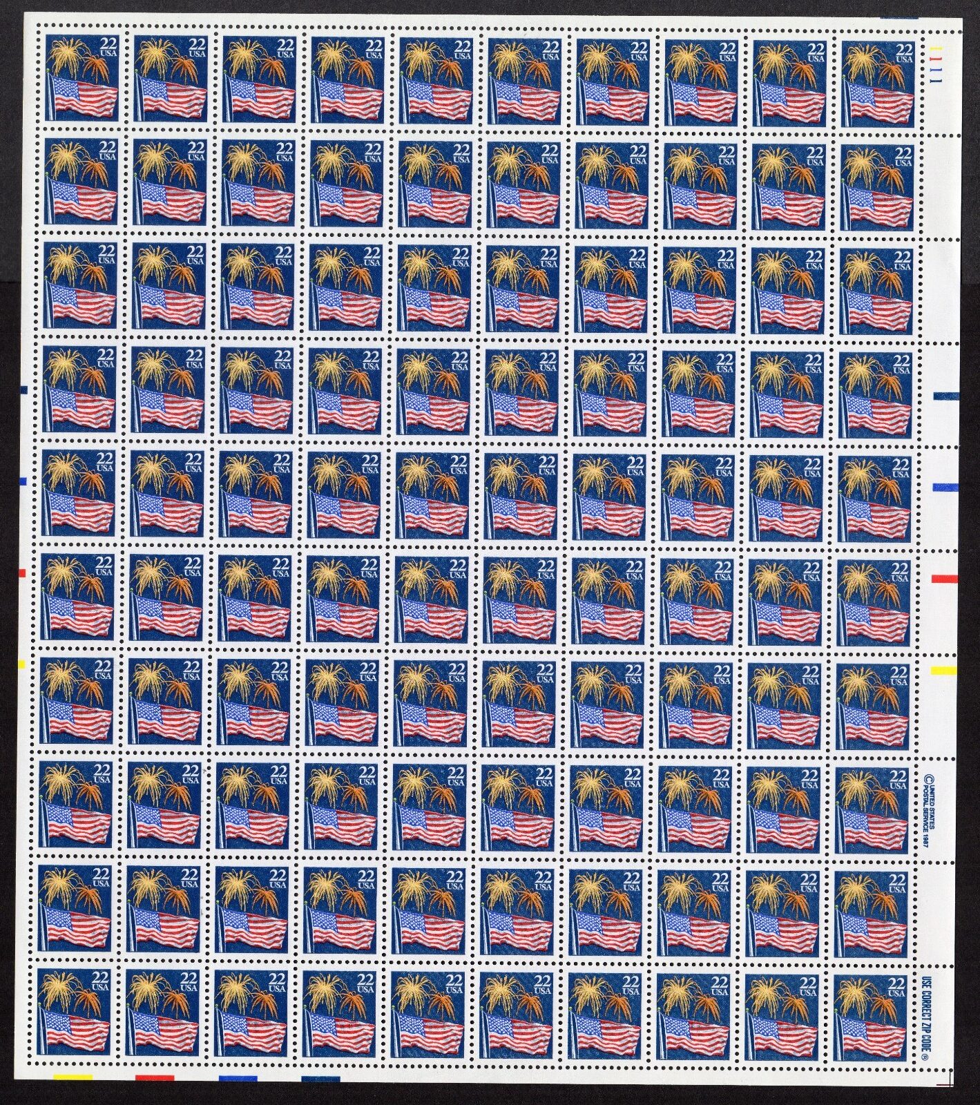 Scott #2276 Flag Fireworks Sheet of 100 Stamps - MNH P#1111 UR