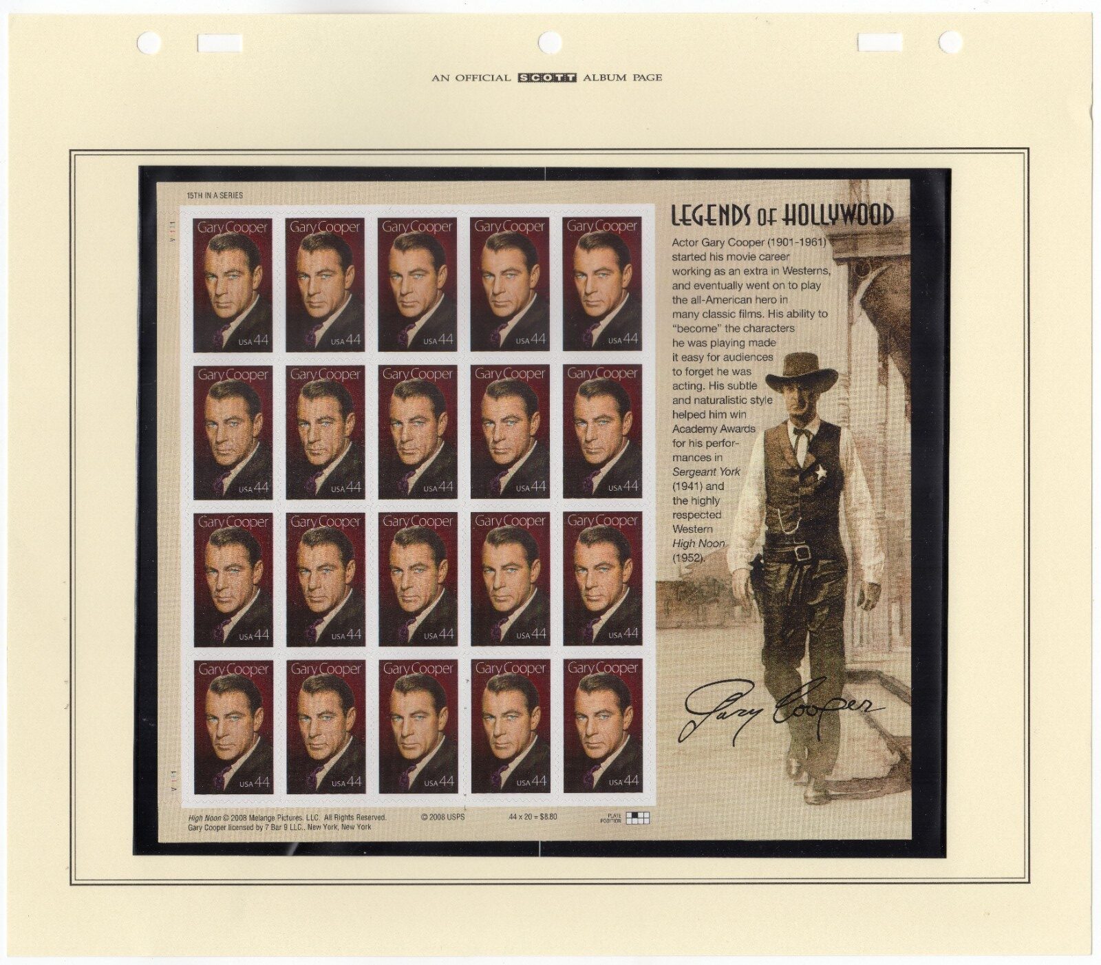 Scott #4421 Gary Cooper (Legends of Hollywood) Sheet of 20 Stamps - MNH in mount