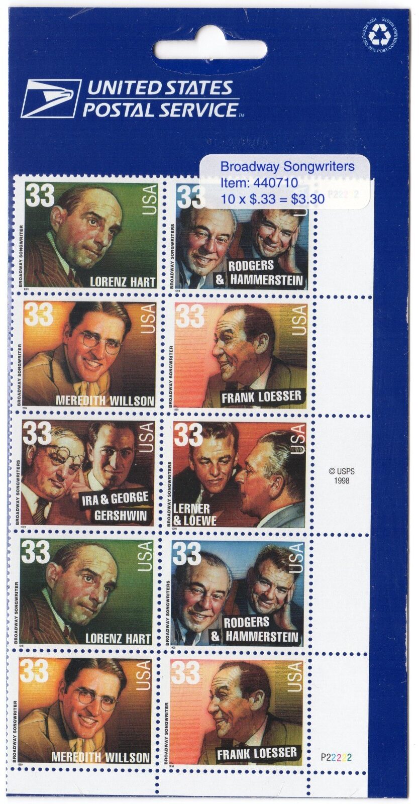 Scott #3350a Broadway Songwriters Title Block of 8 Stamps - Sealed