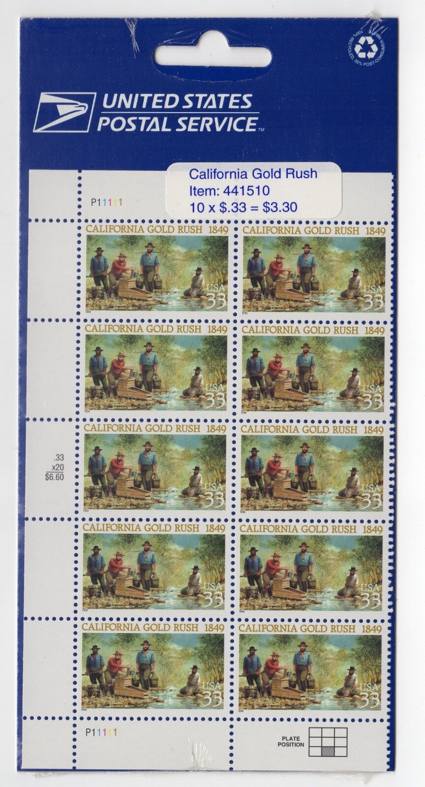 Scott #3316 California Gold Rush Block of 10 Stamps - Sealed Blue
