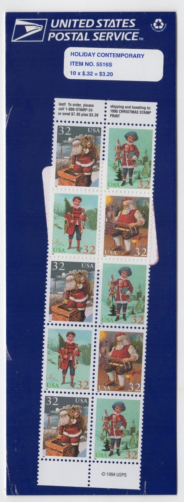 Scott #3004-3007a Santa & Boy Block of 10 Stamps - Sealed