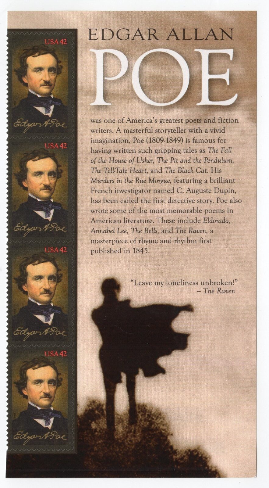 Scott #4377 Edgar Allen Poe (Raven) Title Plate Block of 4 Stamps - MNH
