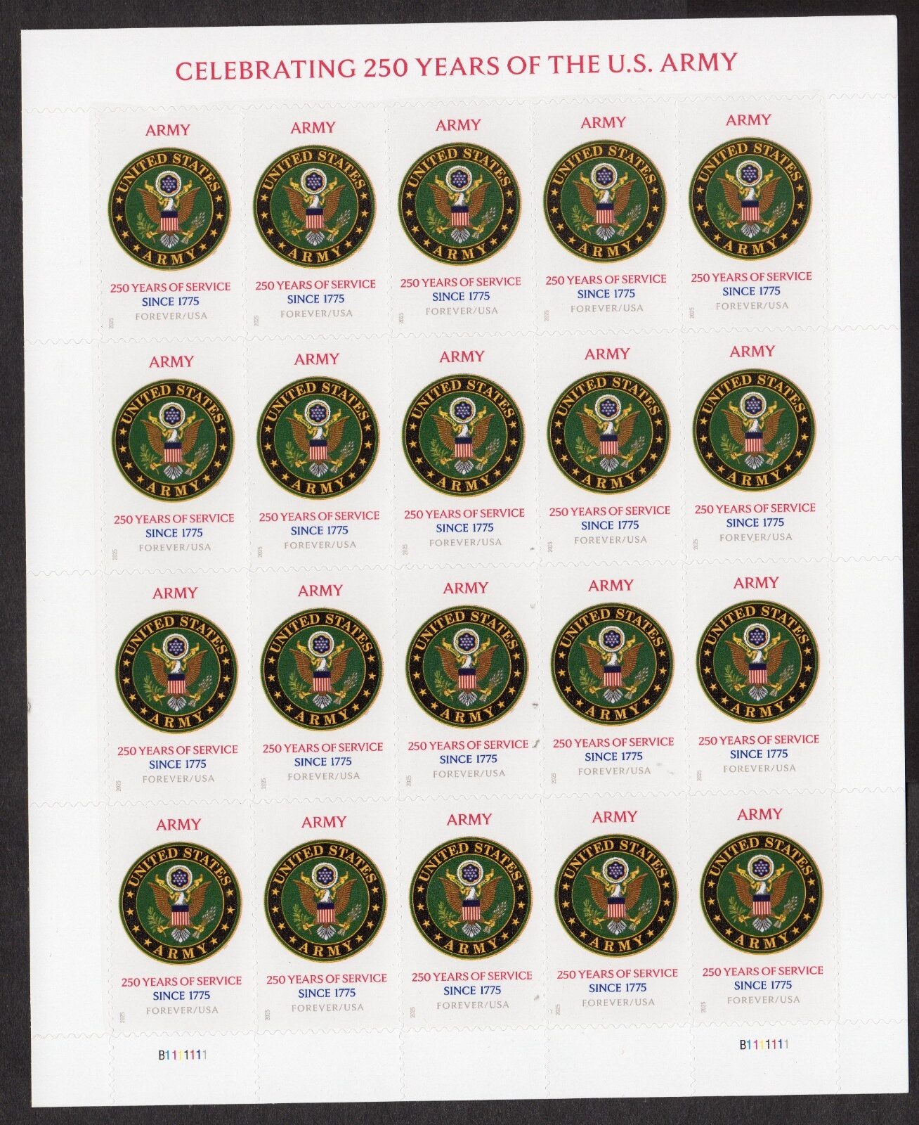 Scott #6010 US Army 250th Anniversary Sheet of 20 Forever Stamps - MNH