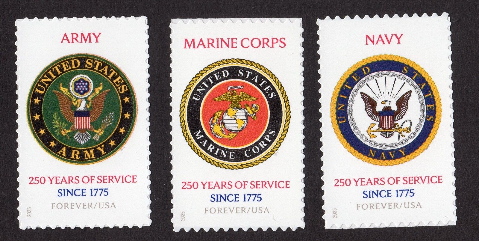 Scott #6010 6011 6012 Army Navy Marines 250th Forever Single Stamps - MNH