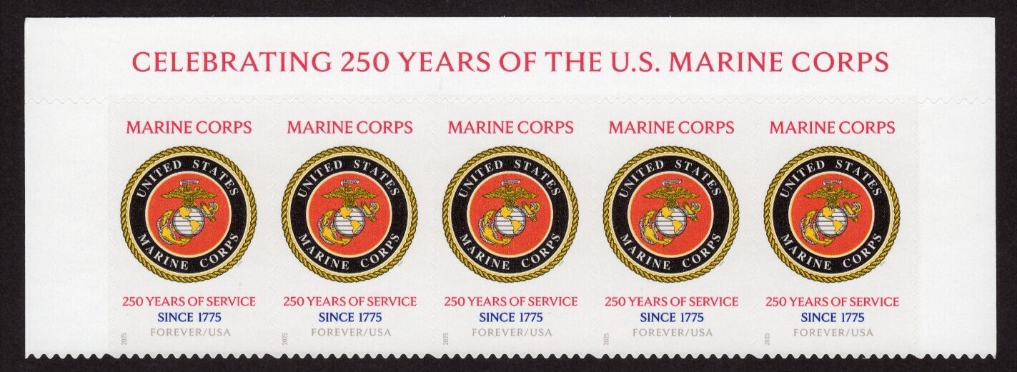 Scott #6011 US Marines 250th Anniversary Title Strip of 5 Forever Stamps - MNH