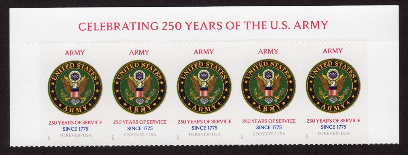 Scott #6010 US Army 250th Anniversary Title Strip of 5 Forever Stamps - MNH