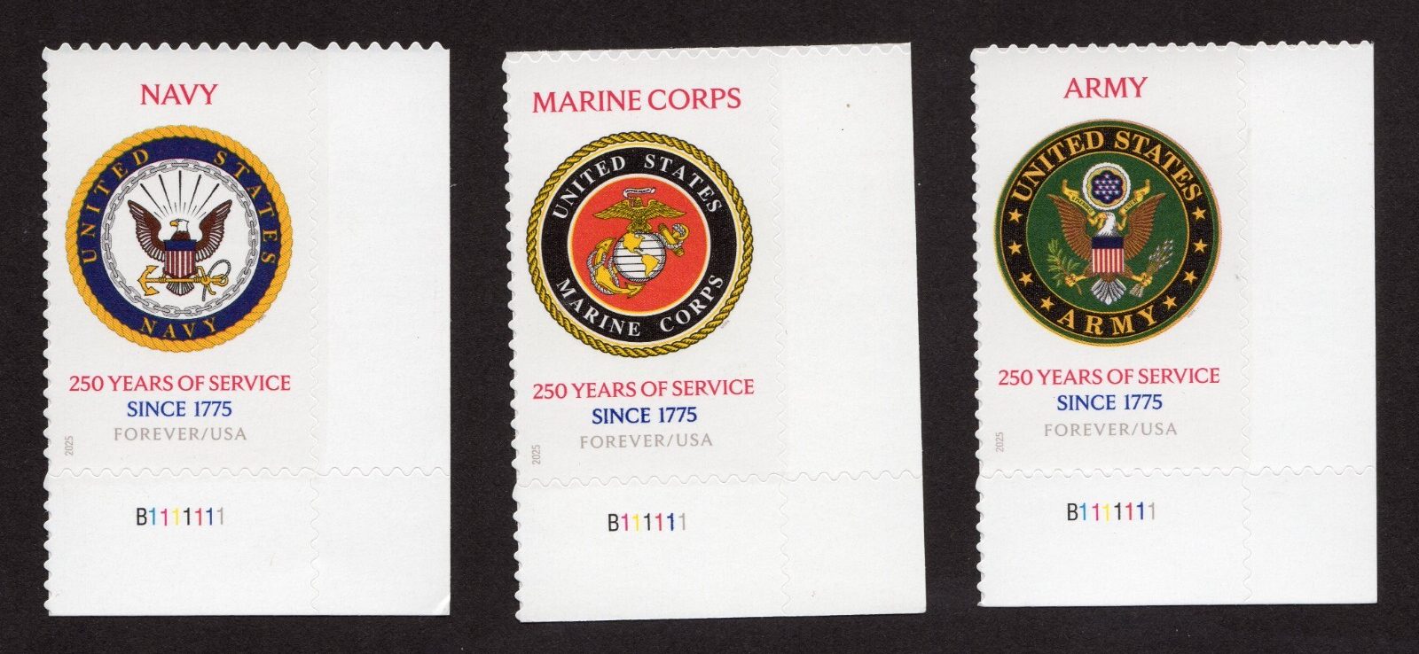 Scott #6010-6011-6012 US Army Navy Marines 250th Plate # Single Stamps - MNH
