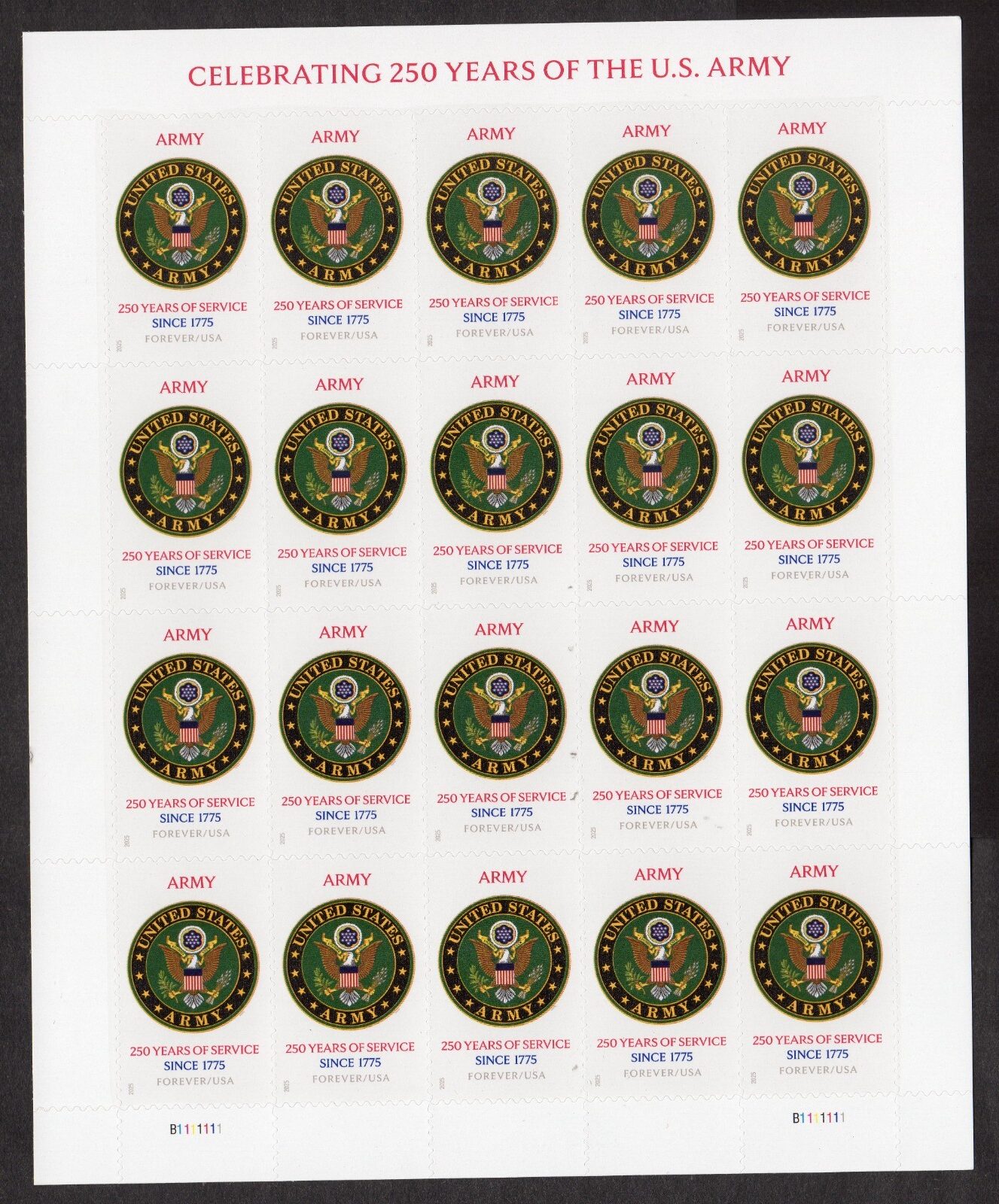 Scott #6010 US Army 250th Anniversary Sheets of 20 Forever Stamps - MNH