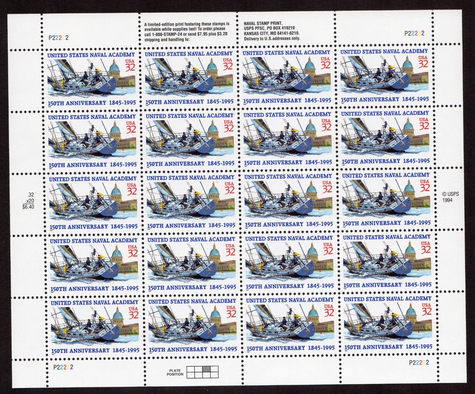 Scott #3001 Naval Academy Sheet of 20 Stamps - MNH P#22222