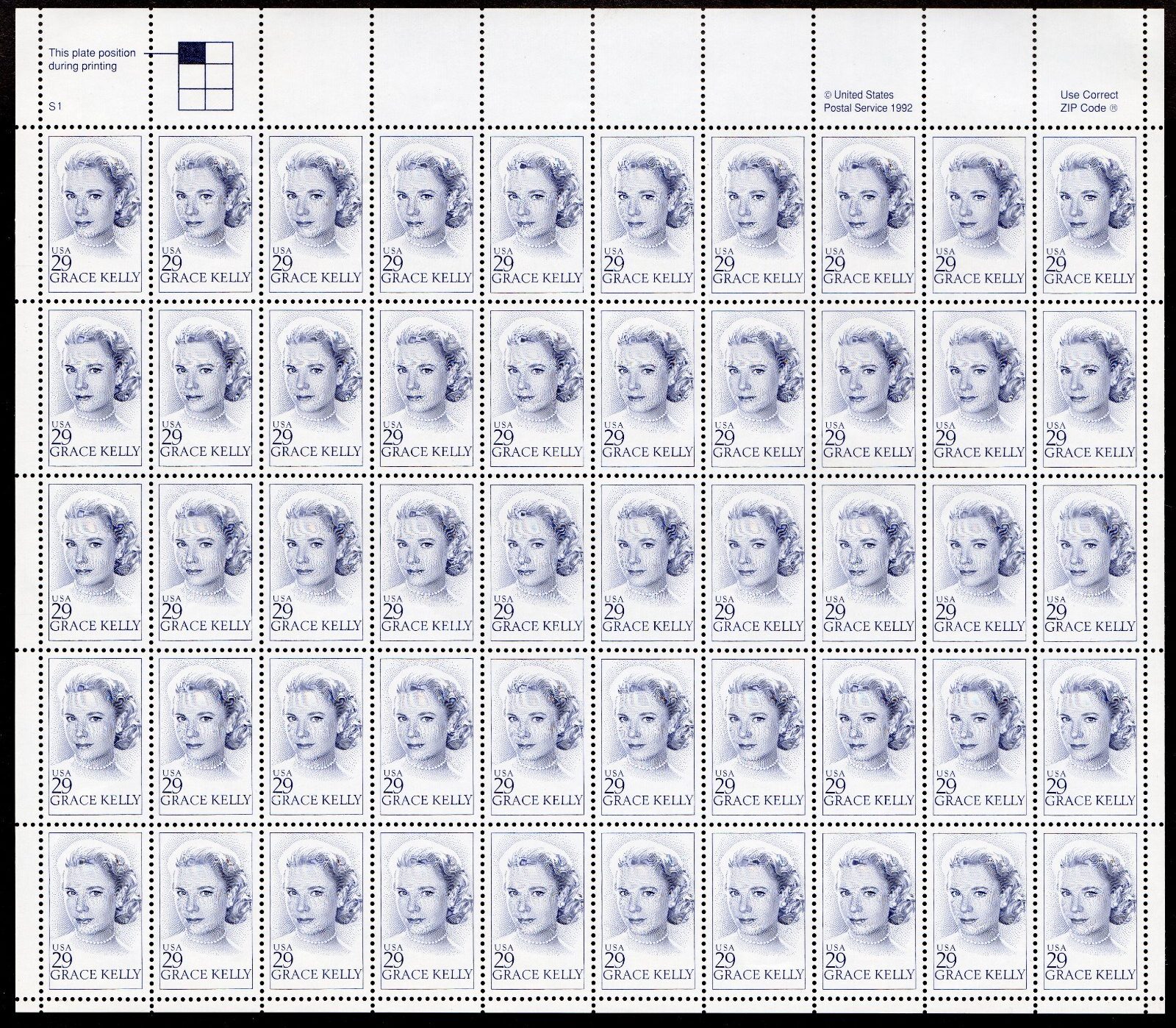 Scott #2749 Grace Kelly (Princess of Monaco) Sheet of 50 Stamps - MNH P#S1 UL