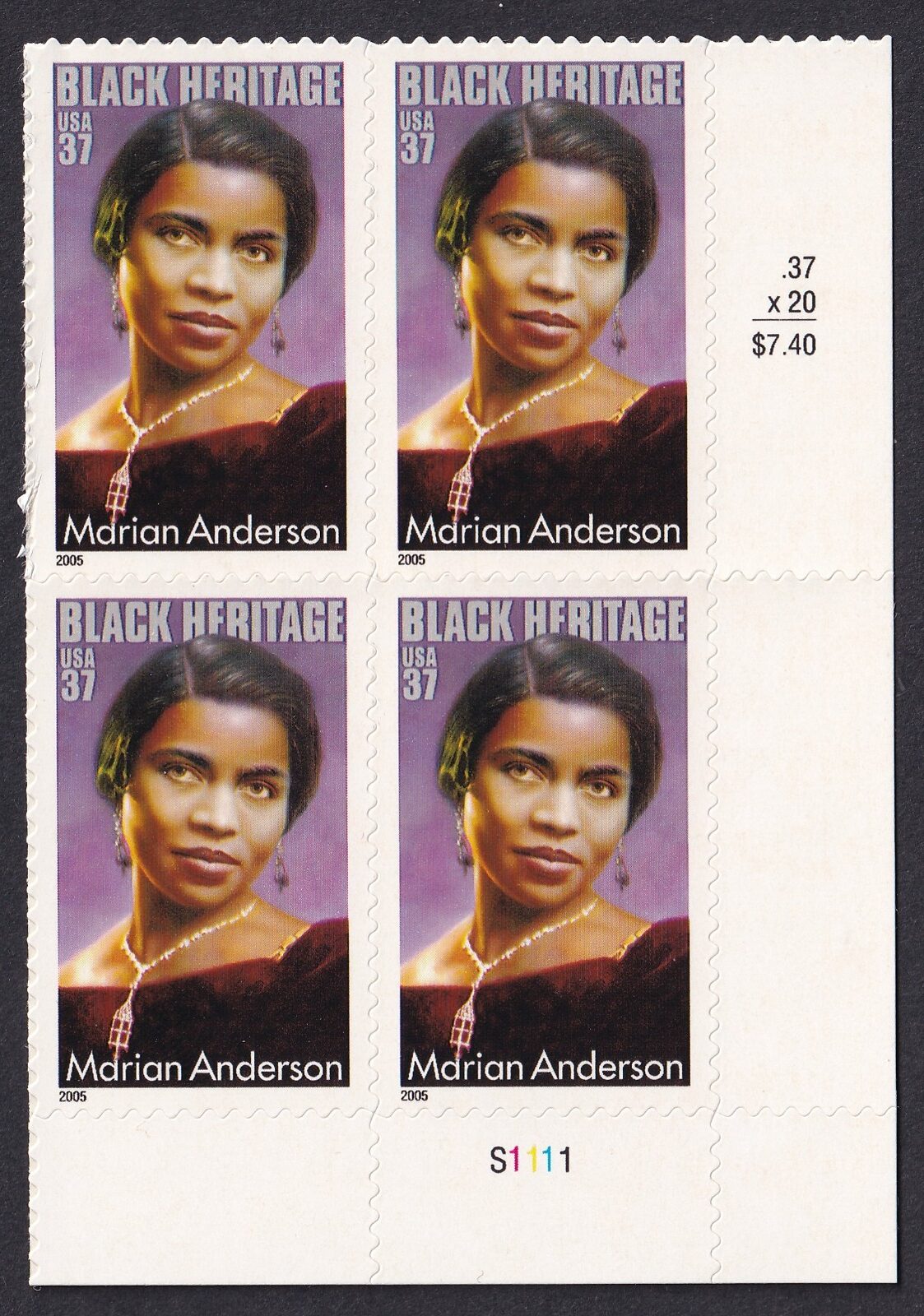 Scott #3896 Marian Anderson Plate Block of 4 Stamps - MNH LR