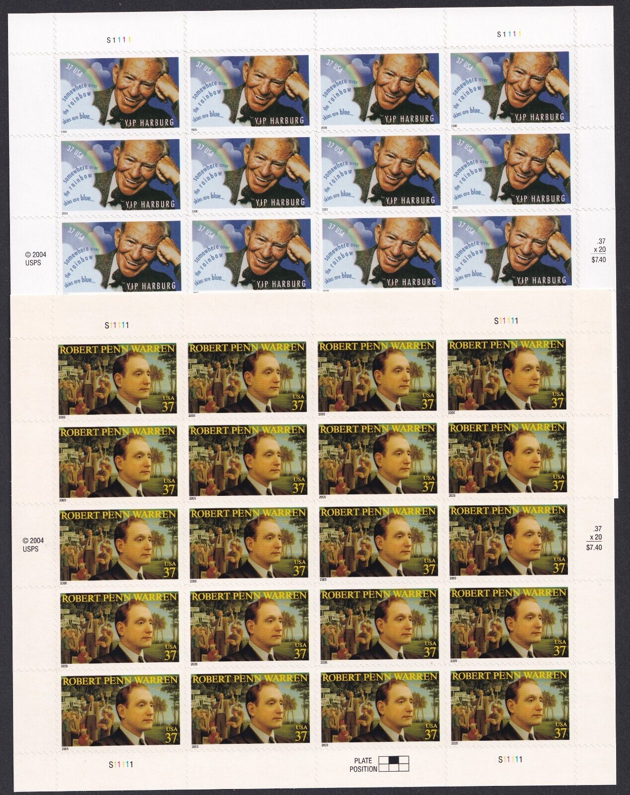 Scott #3904 3905 Robert Penn Warren Yip Harburg Sheet of 20 Stamps - MNH