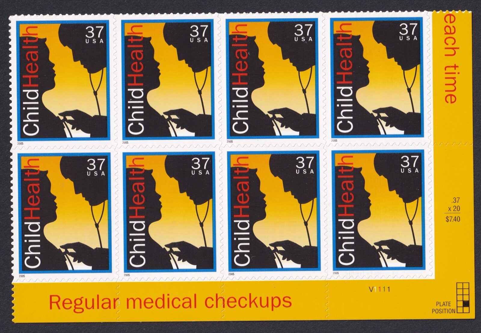 Scott #3938 Child Health Plate Block of 8 Stamps - MNH LR