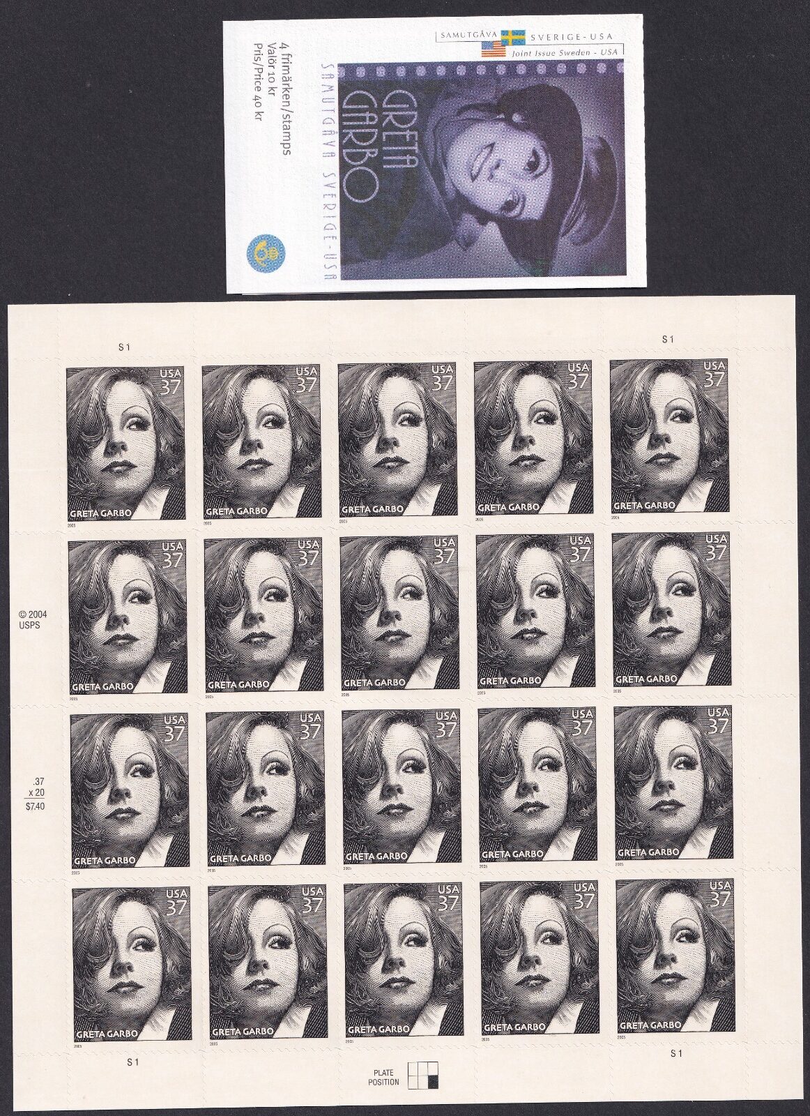 Scott #3943 Greta Garbo Sheet of 20 Stamps - MNH w/Swedish booklet (2517C)