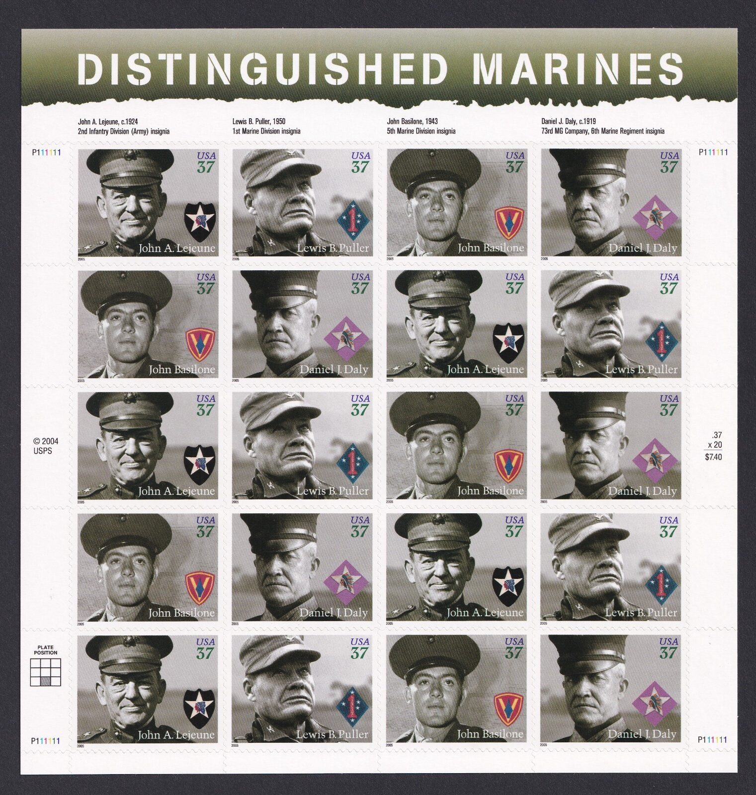 Scott #3964a (3961-3964) Distinguished Marines Sheet of 20 Stamps - MNH