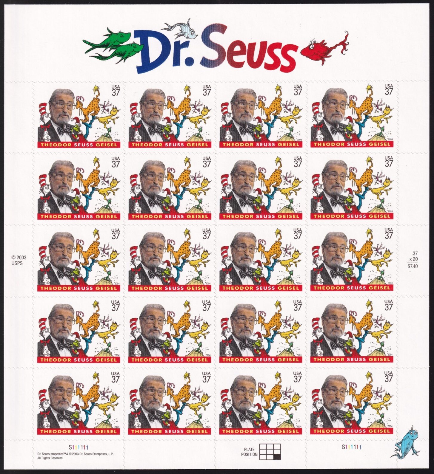 Scott #3835 Dr. Seuss (Cat In The Hat) Sheet of 20 Stamps - MNH