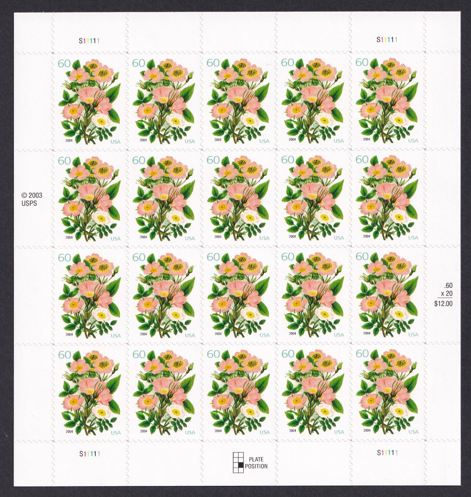 Scott #3837 Pink Roses Bouquet Sheet of 20 Stamps - MNH Position #6