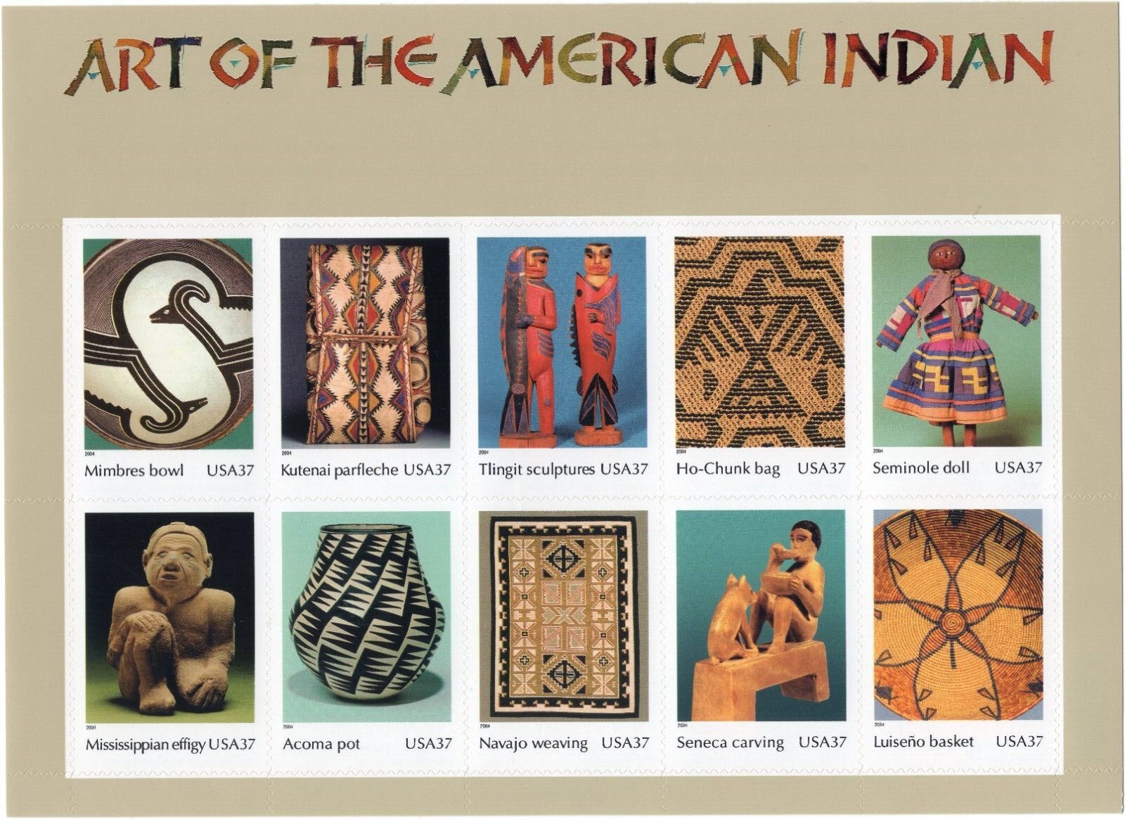Scott #3873 American Indian Art Sheet of 10 Stamps - MNH