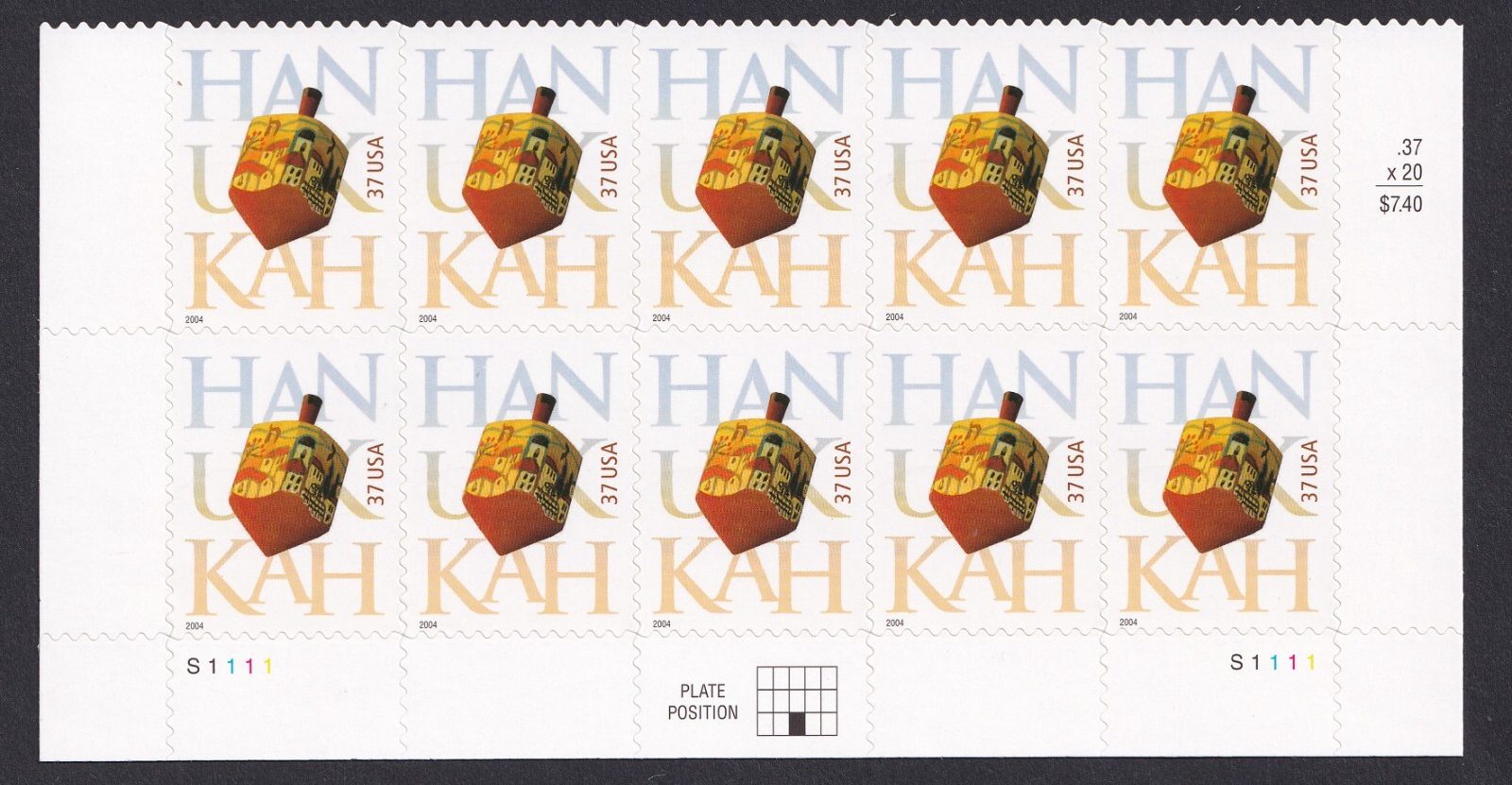 Scott #3880 Hanukkah (Jewish Holiday) Plate Block of 10 Stamps - MNH