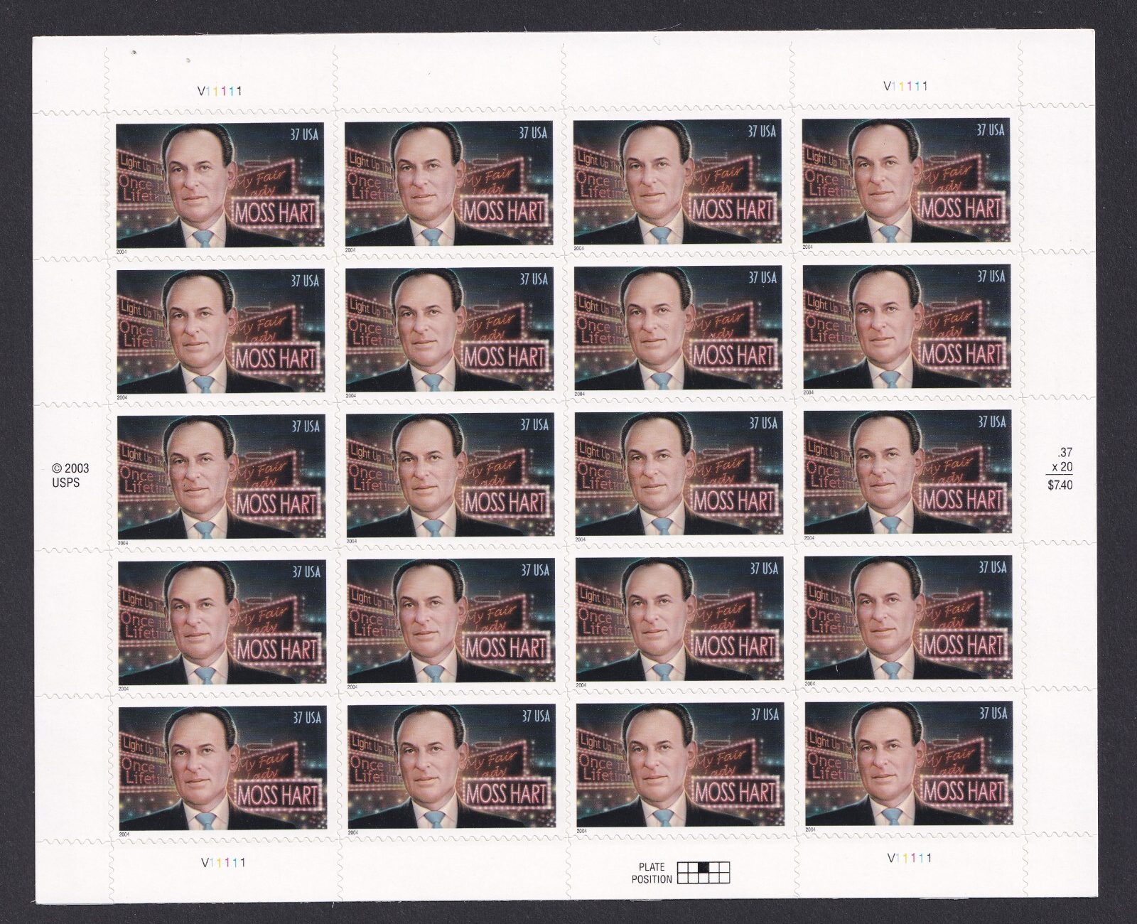 Scott #3882 Moss Hart (Broadway, Theatre) Full Sheet of 20 Stamps - MNH