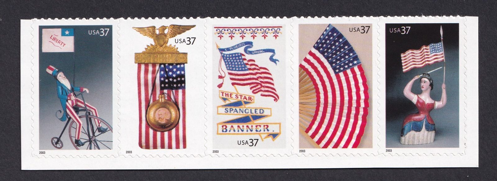 Scott #3780a (3776 from BK294) Old Glory Strip of 5 Stamps - MNH w/Selvage Bott
