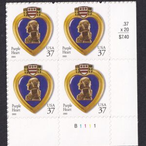 Scott #3784 Purple Heart Plate Block of 4 Stamps - MNH LR