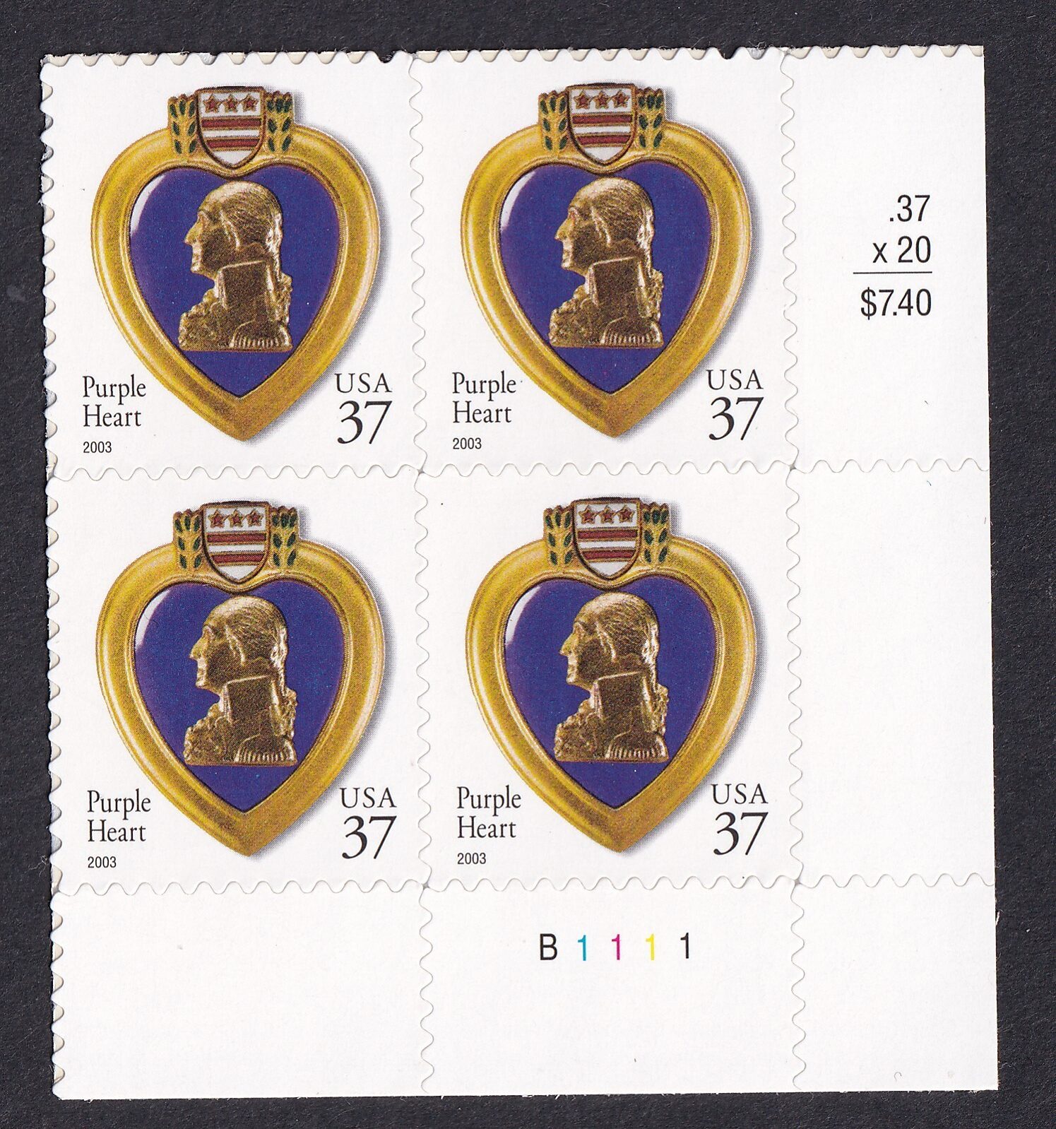 Scott #3784 Purple Heart Plate Block of 4 Stamps - MNH LR