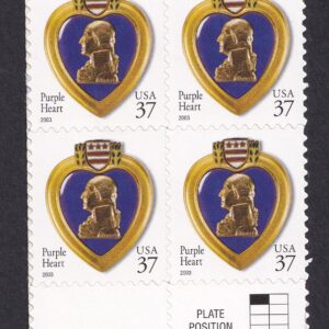 Scott #3784 Purple Heart Block of 4 Stamps - MNH w/Plate Position