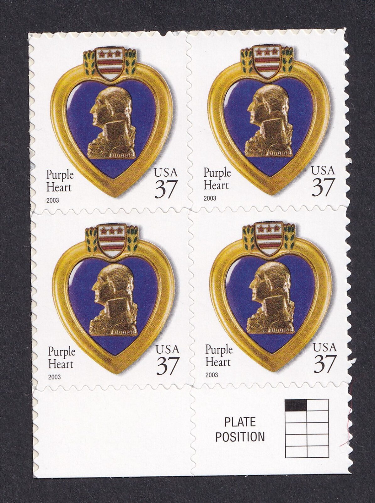 Scott #3784 Purple Heart Block of 4 Stamps - MNH w/Plate Position