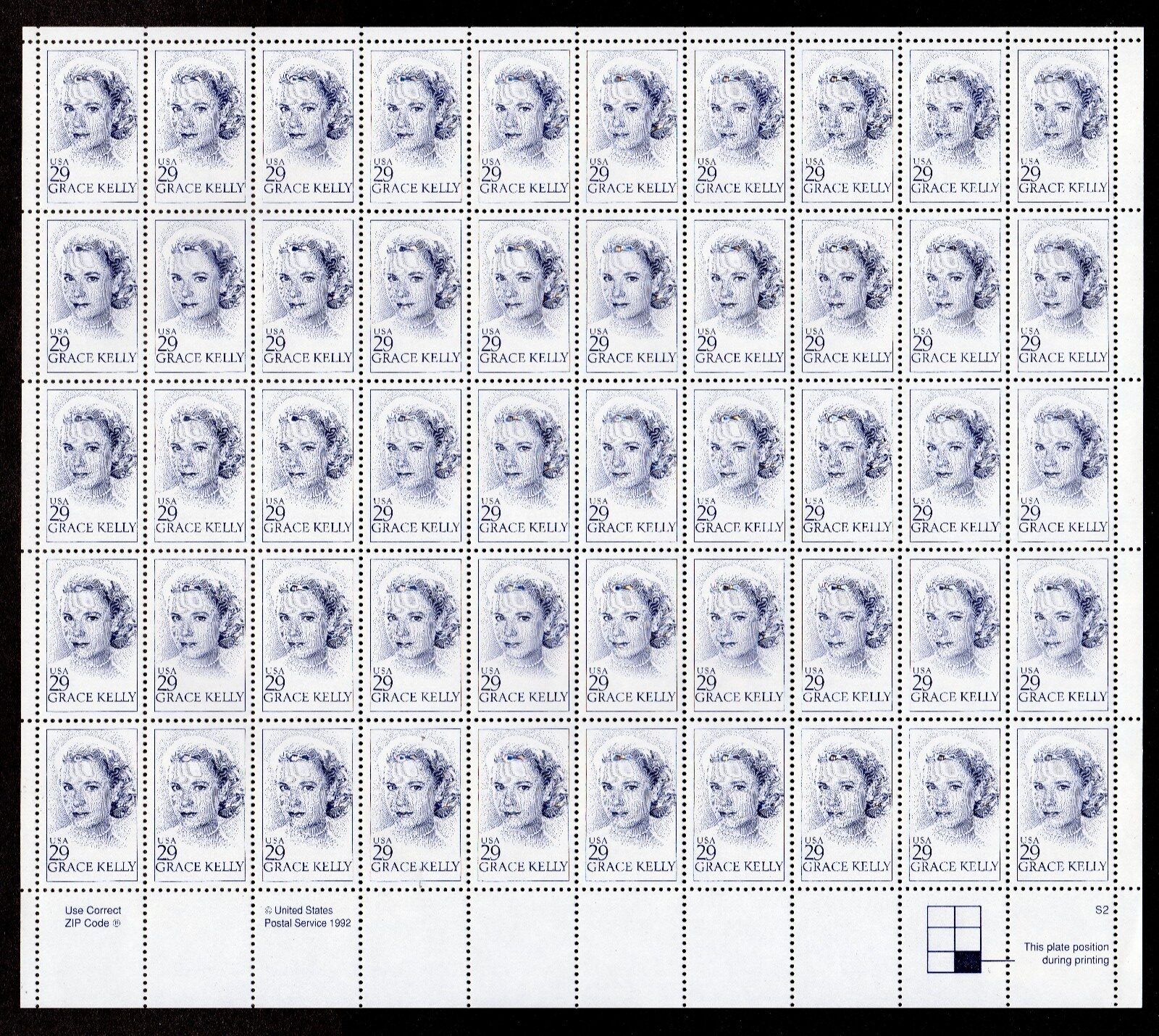Scott #2749 Grace Kelly (Princess of Monaco) Sheet of 50 Stamps - MNH P#S2 LR
