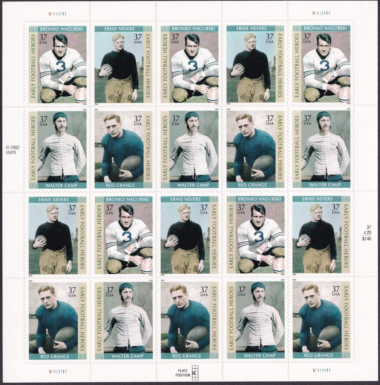 Scott #3811a Early Football Heroes Sheet of 20 Stamps - MNH