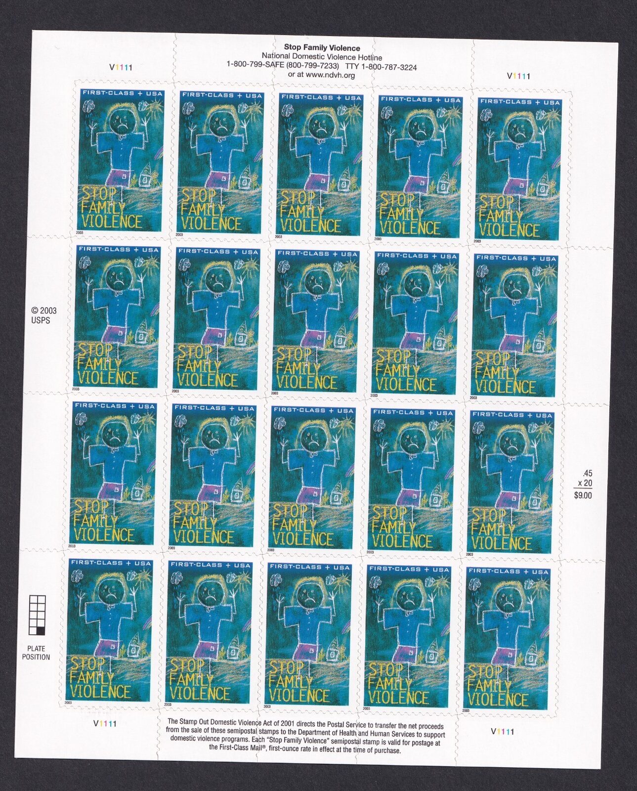 Scott #B3 Stop Family Violence Semi-Postal Full Sheet of 20 Stamps - MNH