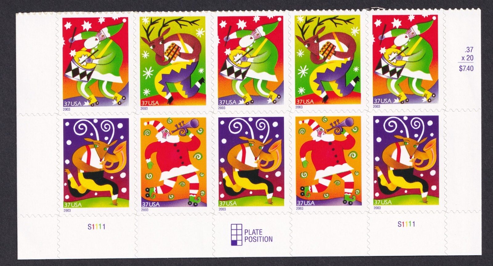 Scott #3824a Holiday Music Makers Plate Block of 10 Stamps - MNH Bottom