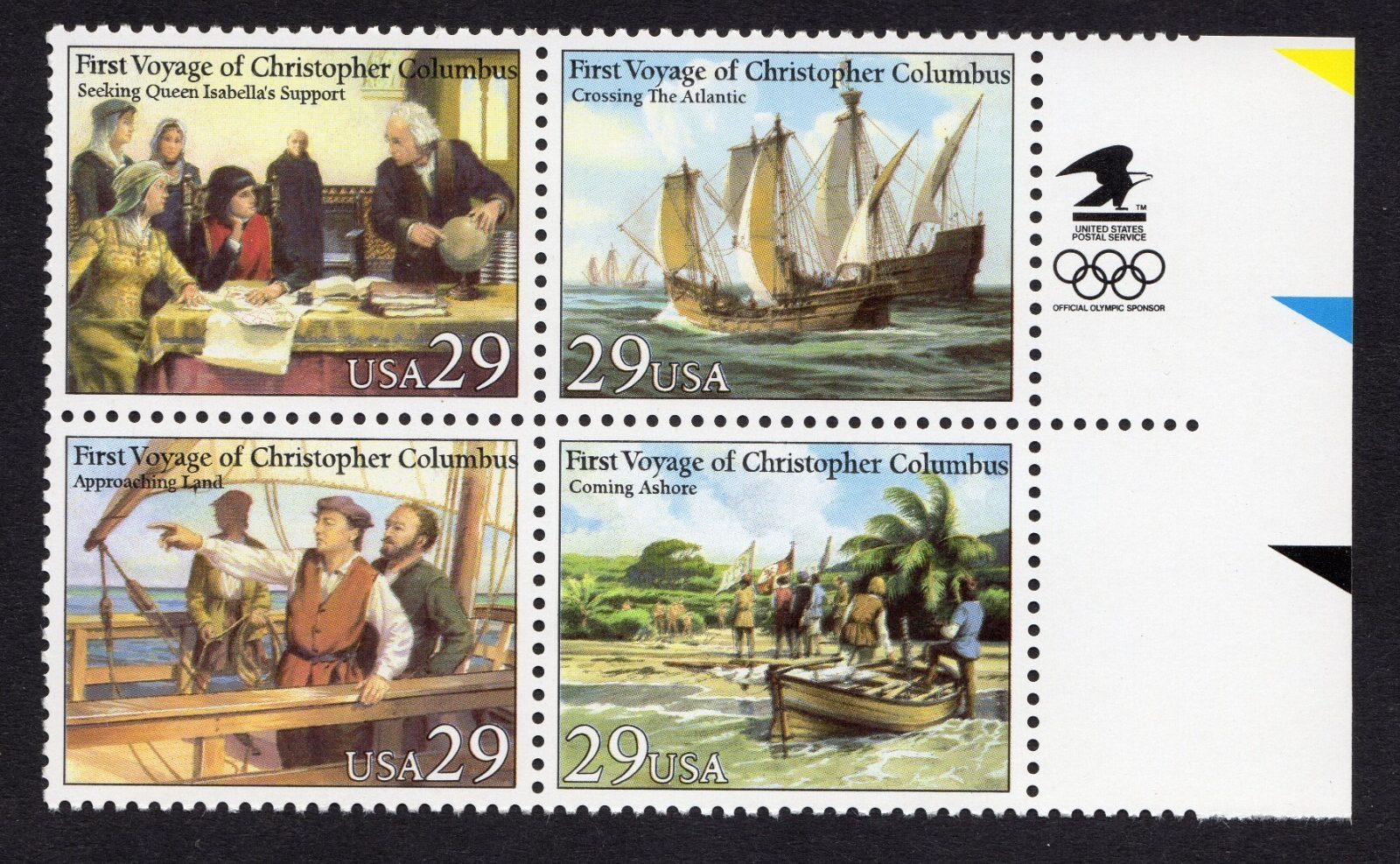 Scott #2623a Columbus Voyages Olympic Eagle Block of 4 Stamps - MNH