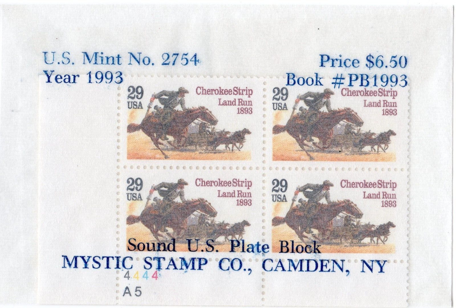 Scott #2754 Cherokee Strip Land Run Plate Block of 4 Stamps - Mystic