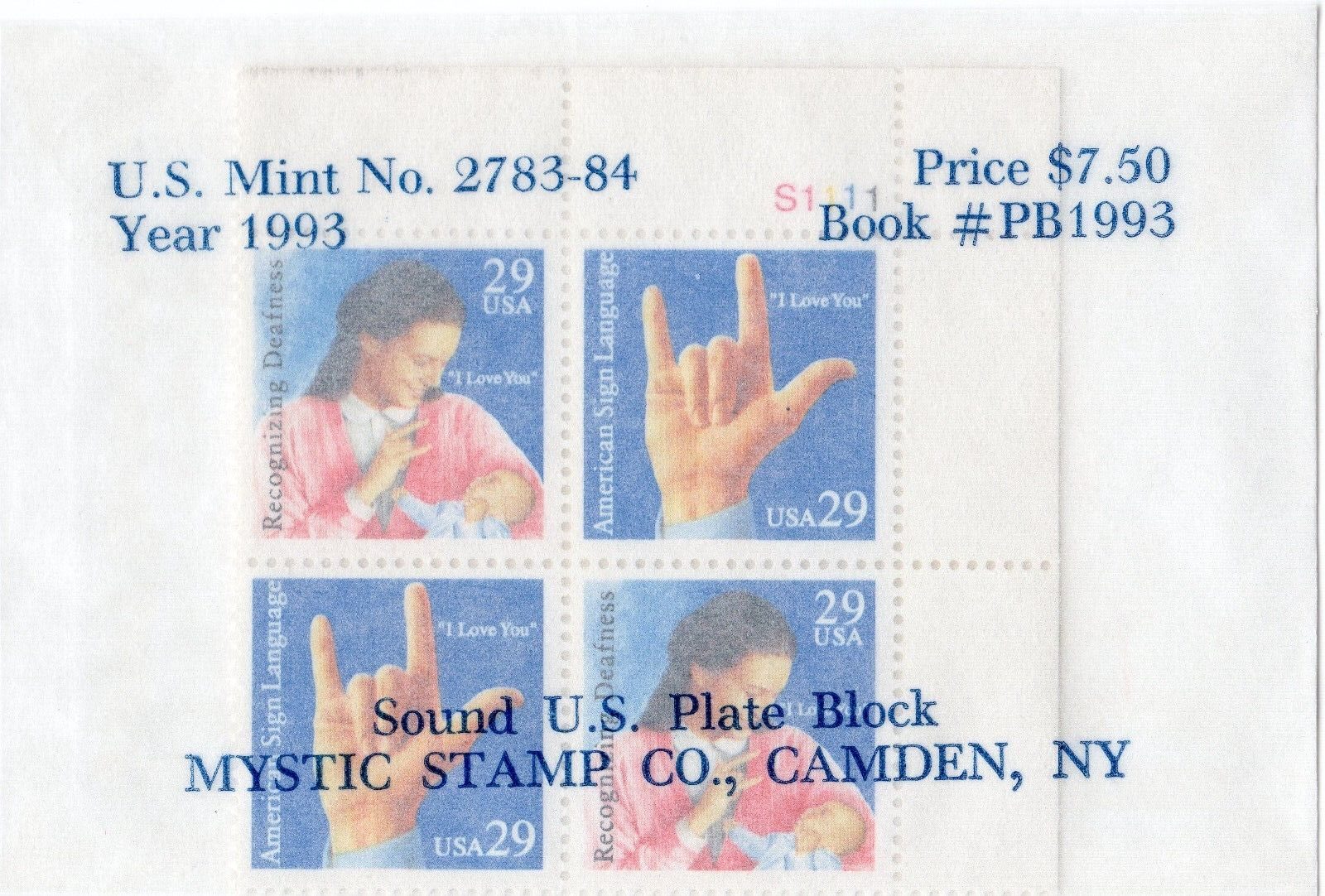 Scott #2784a (2783-2784) Sign Language Plate Block of 4 Stamps - Mystic