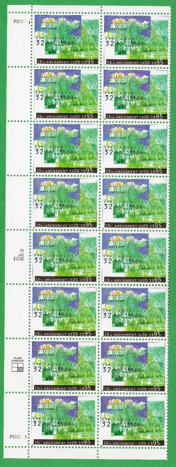 Scott #2980 19th Amendment Plate Block of 20 Stamps - MNH P#2222-1 Right