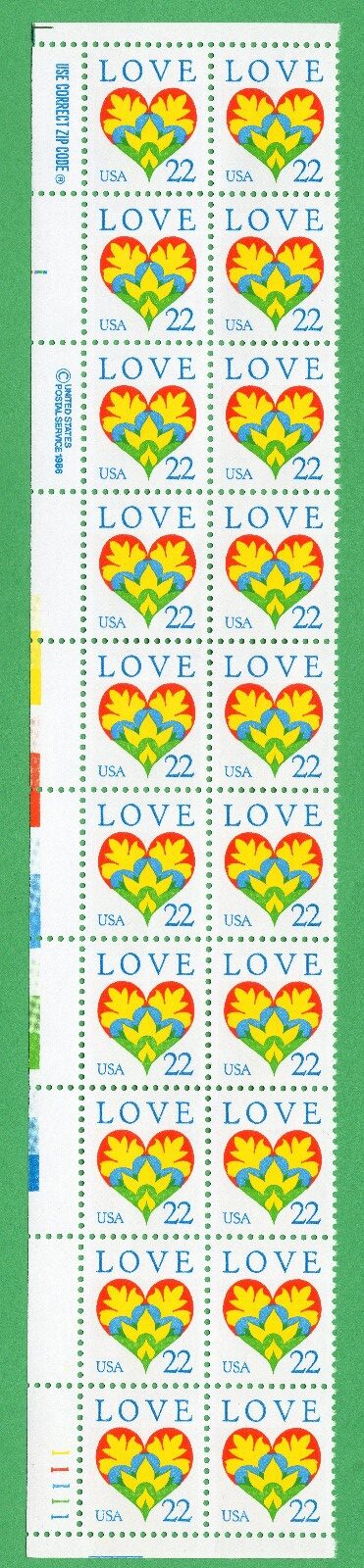 Scott #2248 Love Heart Plate Block of 20 Stamps - MNH LL #1