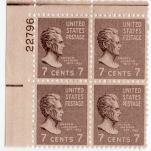 Scott #812 Andrew Jackson Plate Block of 4 Stamps - MLH P#22796 UL #9