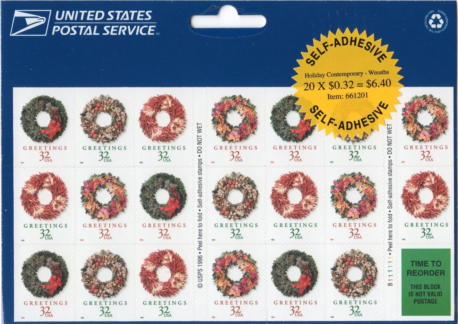 Scott #3252e Christmas Wreaths Booklet of 20 Stamps - Sealed Blue
