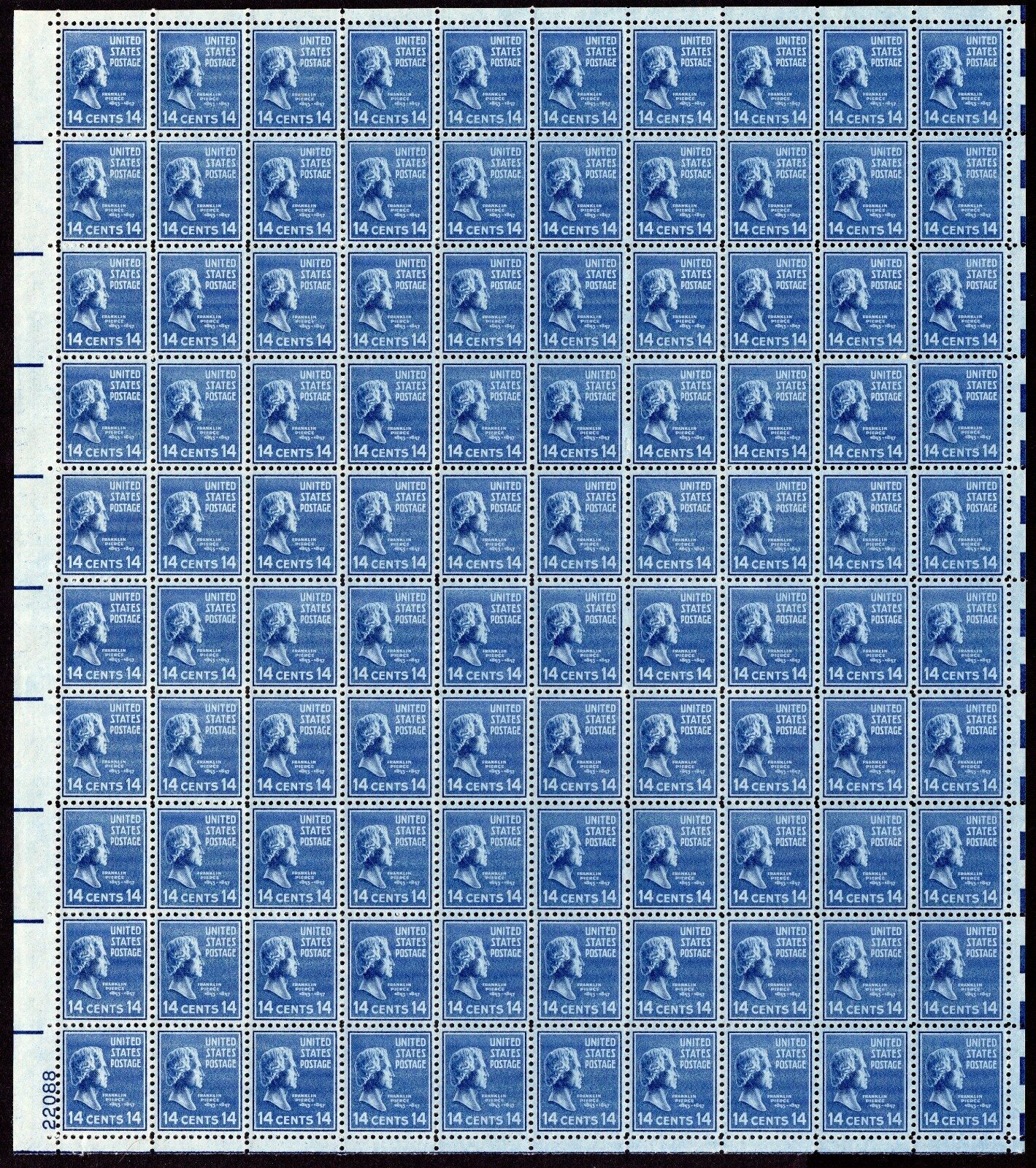 Scott #819 Franklin Pierce Sheet of 100 Stamps - MNH P#22088