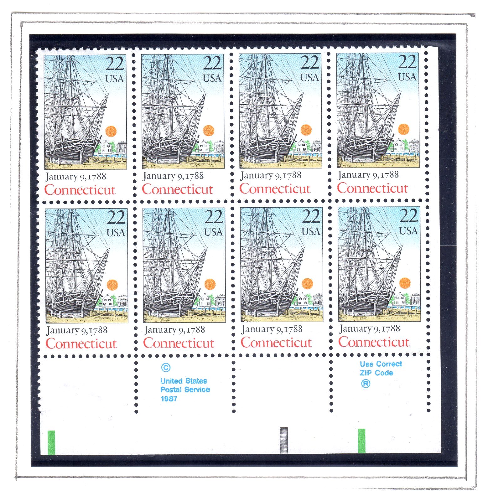 Scott #2340 Connecticut Zip Block of 8 Stamps - MNH