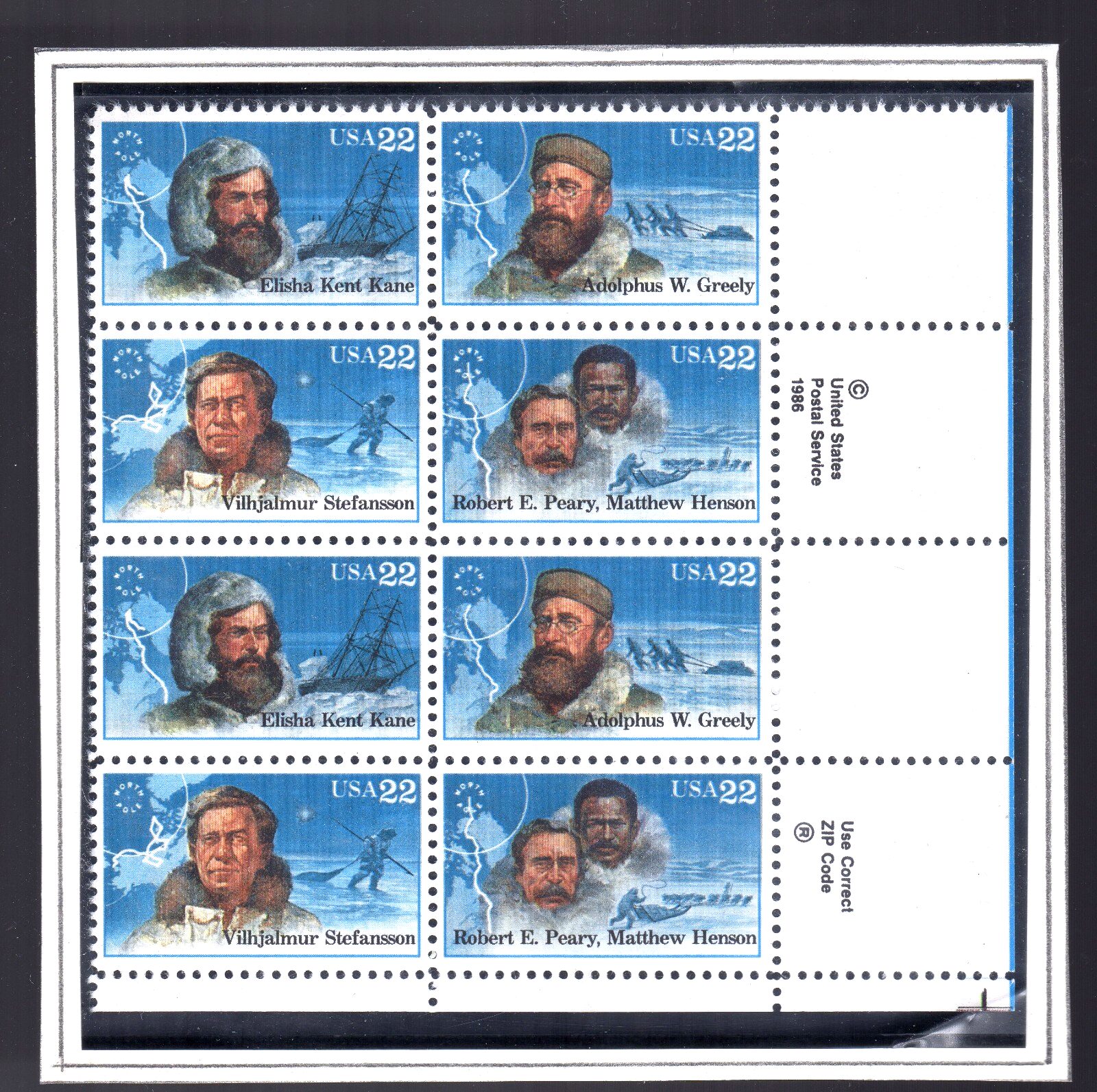 Scott #2223a (2220-2223) Arctic Explorers Zip Block of 8 Stamps - MNH