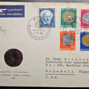 Stamp FDC Card Pro Patria Swiss 1 June 1964 Bern to Virginia USA B334-338