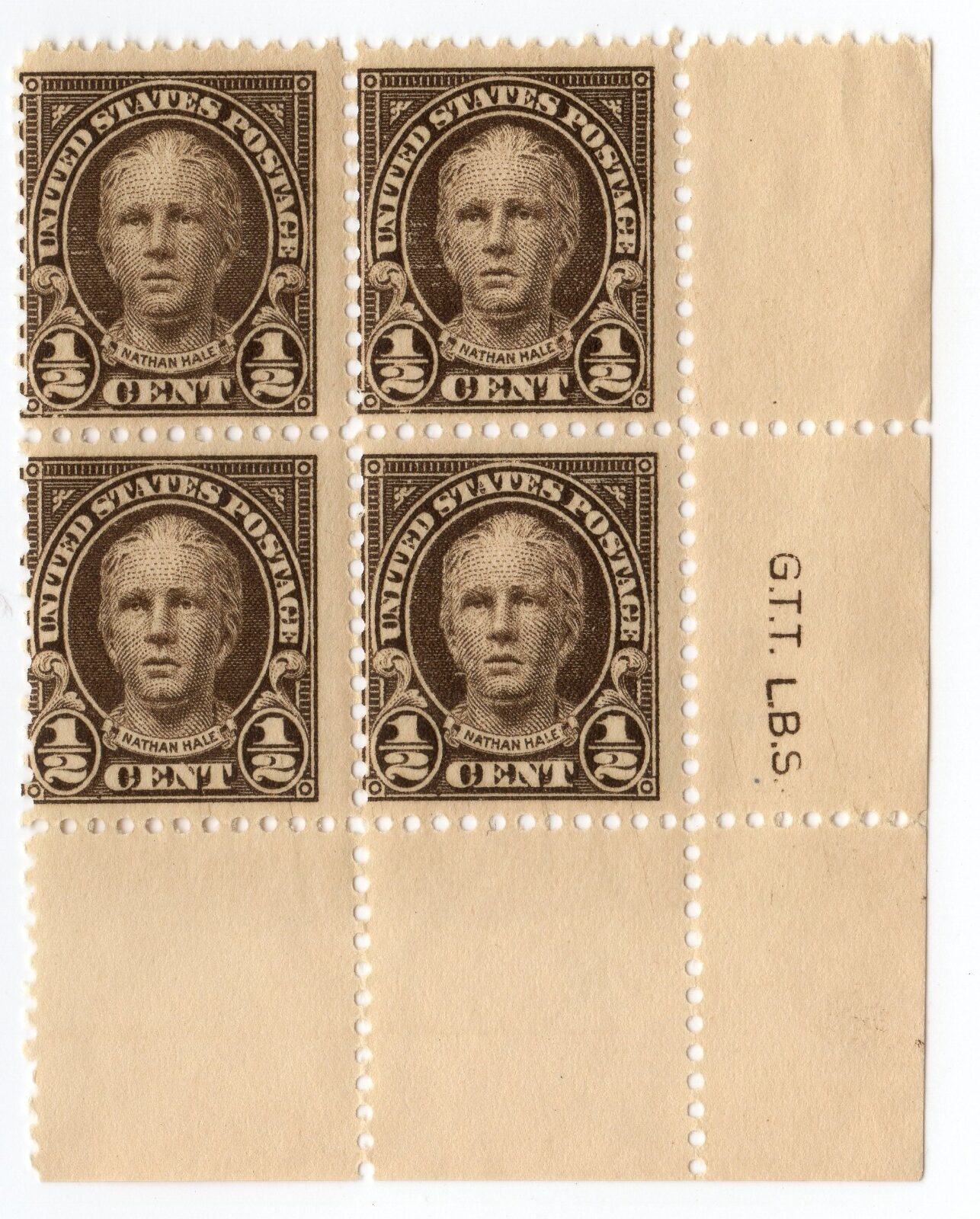 Scott #551 Nathan Hale Block of 4 Stamps - MNH w/sideographers